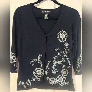 August Silk Black Cardigan with White Floral Design